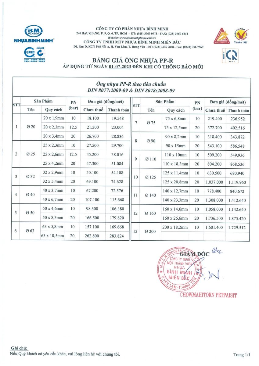 Bảng giá ống nhựa PPr Bình Minh - Ảnh 1